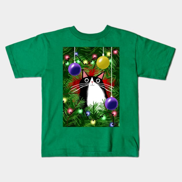 The Cat and the Christmas Tree Kids T-Shirt by Scratch